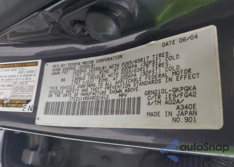 2004 Toyota 4Runner Sr5/Sport from USA, damaged, VIN JTEZU14R648021612